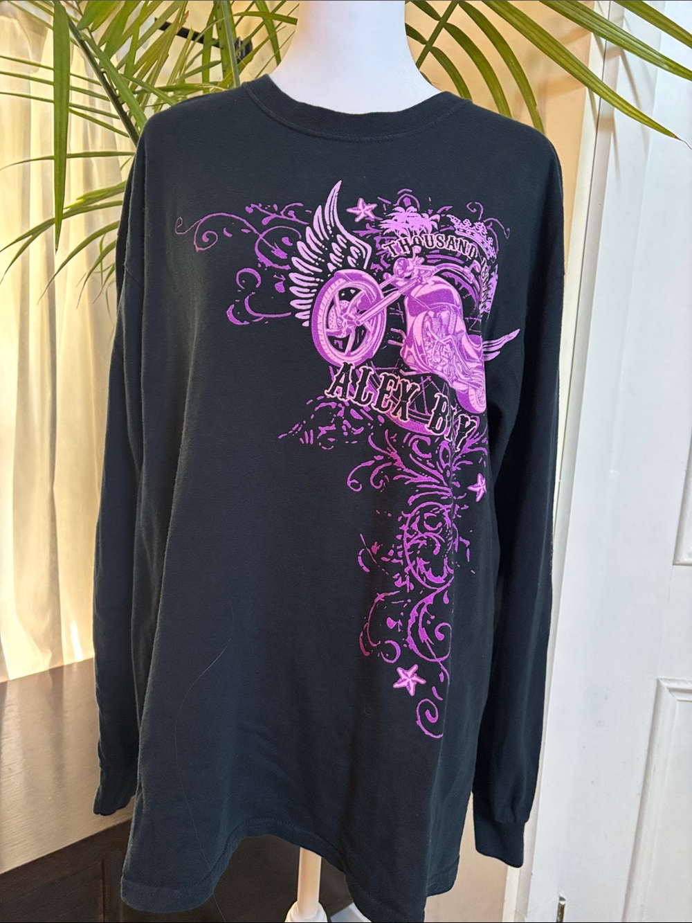 Black Long Sleeve Graphic Tee with Pink Motorcycle Print